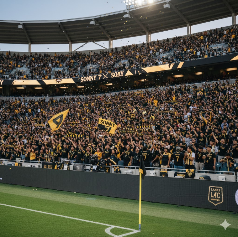 LAFC 홈구장 BMO 스타디움에서 팬들이 검정과 금색 응원 도구를 들고 열광하는 장면.