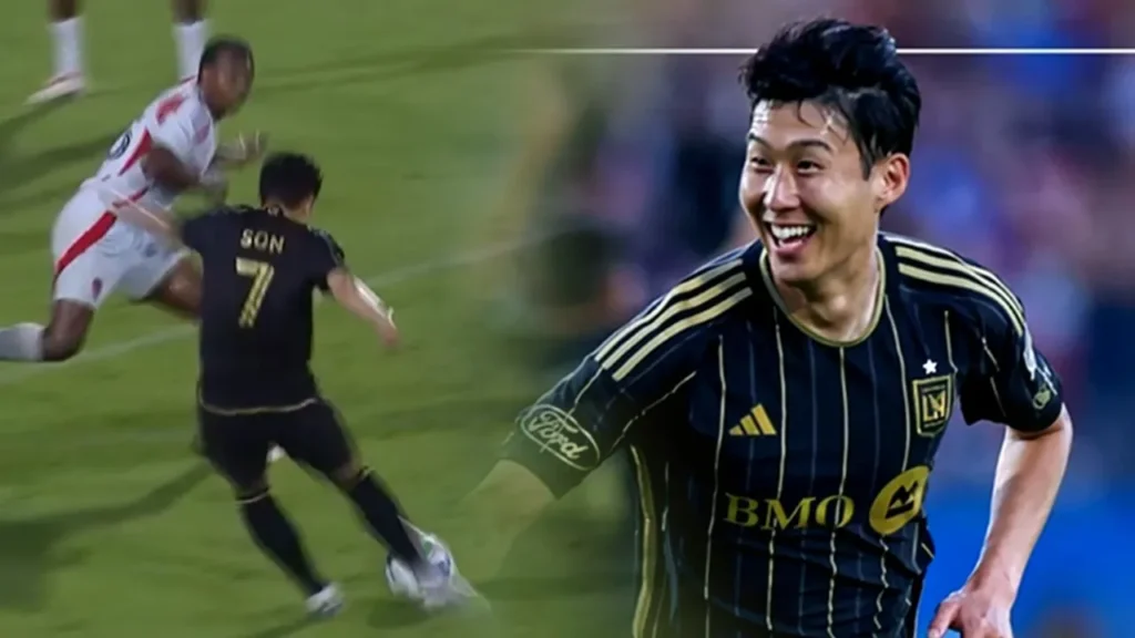 손흥민이 LAFC 유니폼을 입고 프리킥을 성공 후 환호하는 모습.