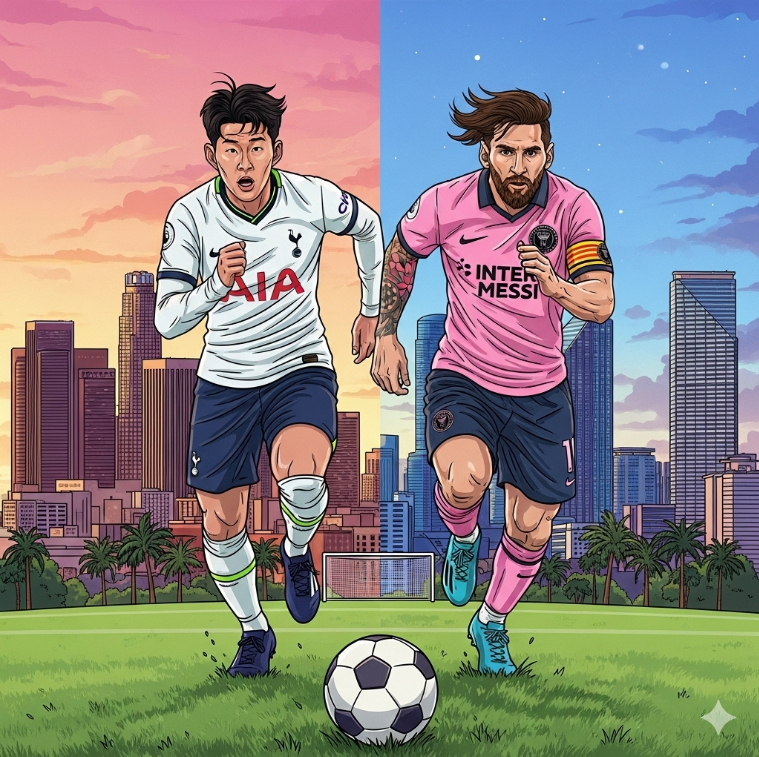 손흥민과 메시의 맞대결 상상 일러스트. 두 선수가 공을 향해 달리는 장면, 배경에 LA와 마이애미 스카이라인.