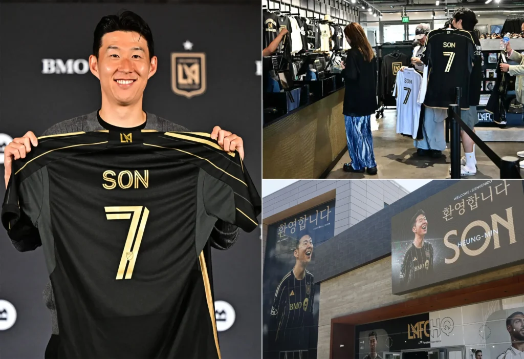 LAFC 공식 유니폼과 손흥민 그리고 손흥민의 유니폼은 구입하려는 팬들.